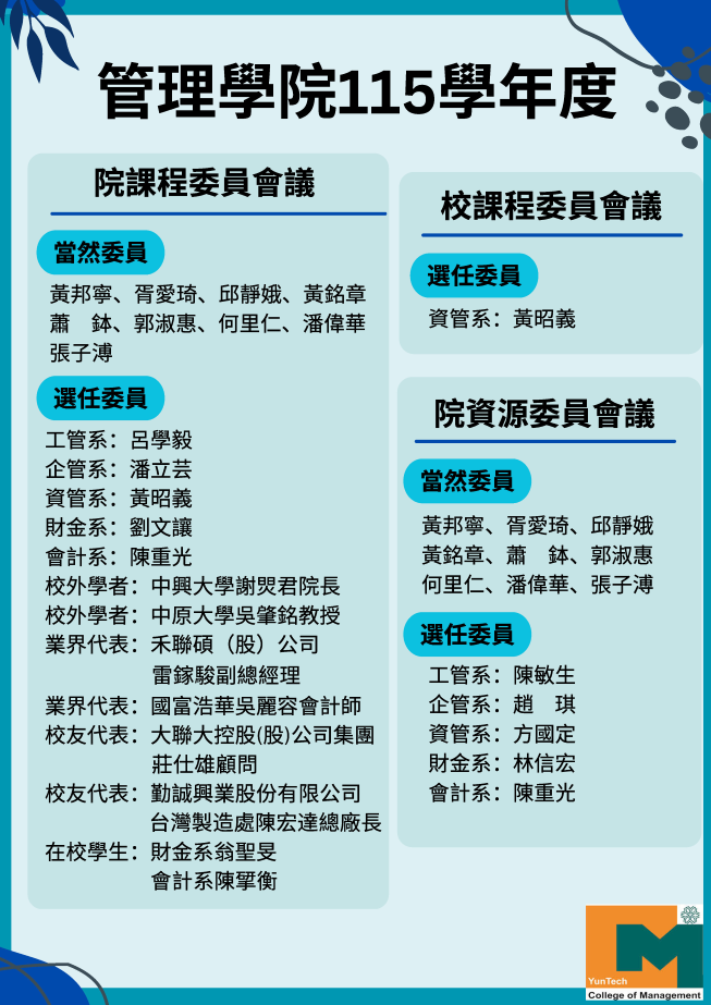 管理學院115學年度 院課程委員會議、校課程委員會議、院資源委員會議、院遴選委員會議