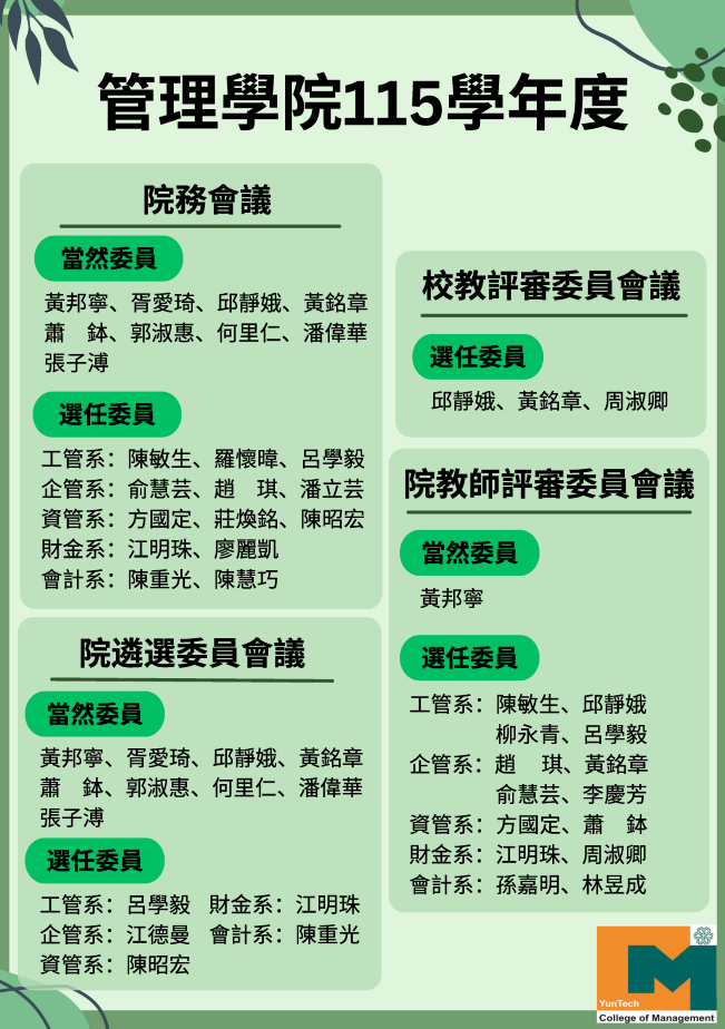 管理學院115學年度 院務會議、校教評委員會議、院教師評審委員會議